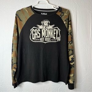 Gas Monkey Garage Camo Sleeve Waffle Knit Thermal Graphic Shirt Size XL